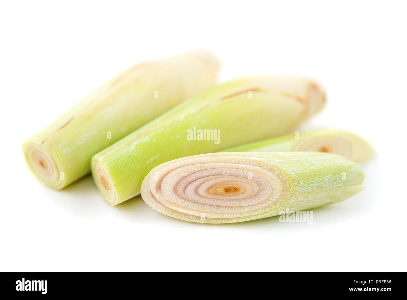 Verde fresco fette di lemongrass isolati su sfondo bianco. Foto Stock Verde fresco fette di lemongrass isolati su sfondo bianco. Foto Stock