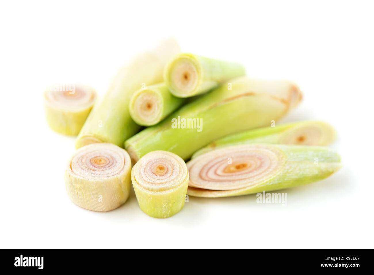 Verde fresco fette di lemongrass isolati su sfondo bianco. Foto Stock Verde fresco fette di lemongrass isolati su sfondo bianco. Foto Stock