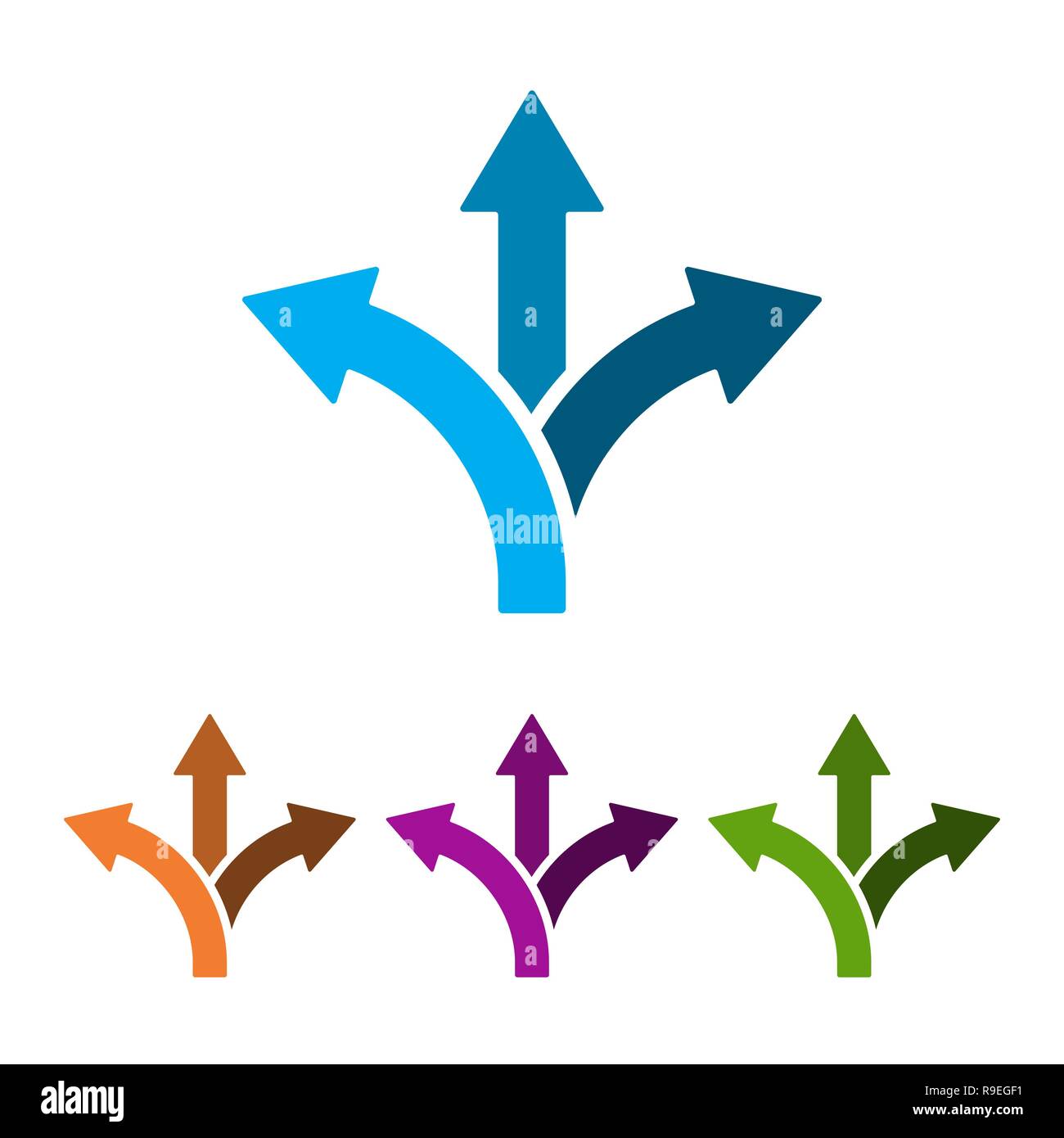 Set di tre vie frecce di direzione in stile appartamento. Illustrazione Vettoriale. Direzione strada icona isolato. Illustrazione Vettoriale