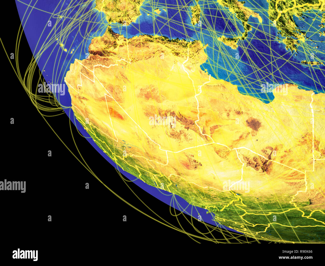 Regione del Maghreb dallo spazio con visibili i confini e le connessioni globali che rappresentano la comunicazione o i viaggi aerei. 3D'illustrazione. Elementi di t Foto Stock