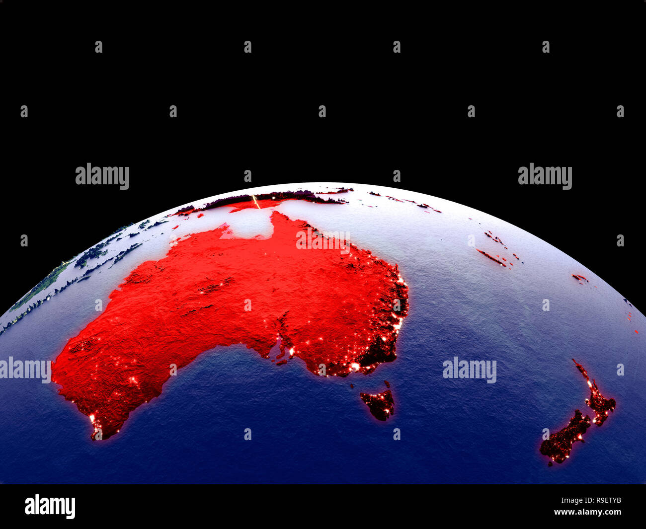 Australia dallo spazio sul pianeta terra di notte con luminose luci della citta'. Plastica dettagliata pianeta superficie con la montagna vera e propria. 3D'illustrazione. Elementi Foto Stock