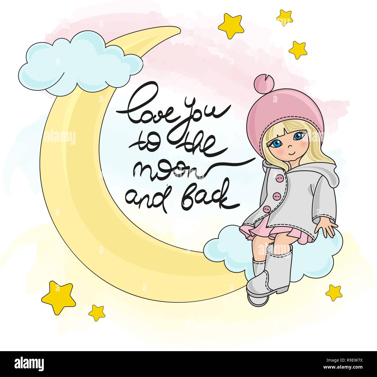 Luna Ragazza di colore illustrazione vettoriale impostato per Scrapbooking e stampa digitale su scheda e foto di bambini album Illustrazione Vettoriale