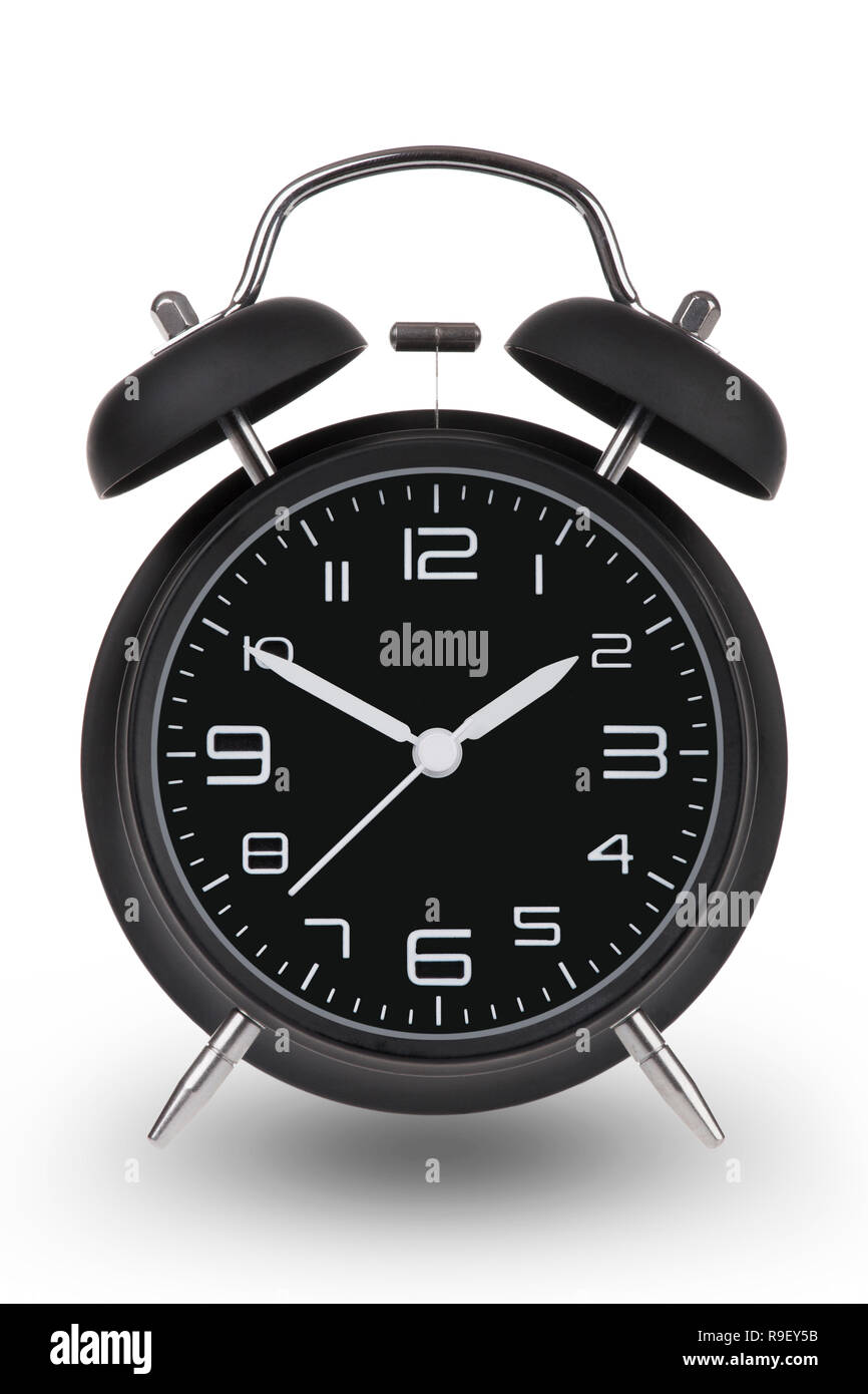 Nero orologio sveglia con le mani a 10 e 2 am o pm isolato su uno sfondo bianco Foto Stock