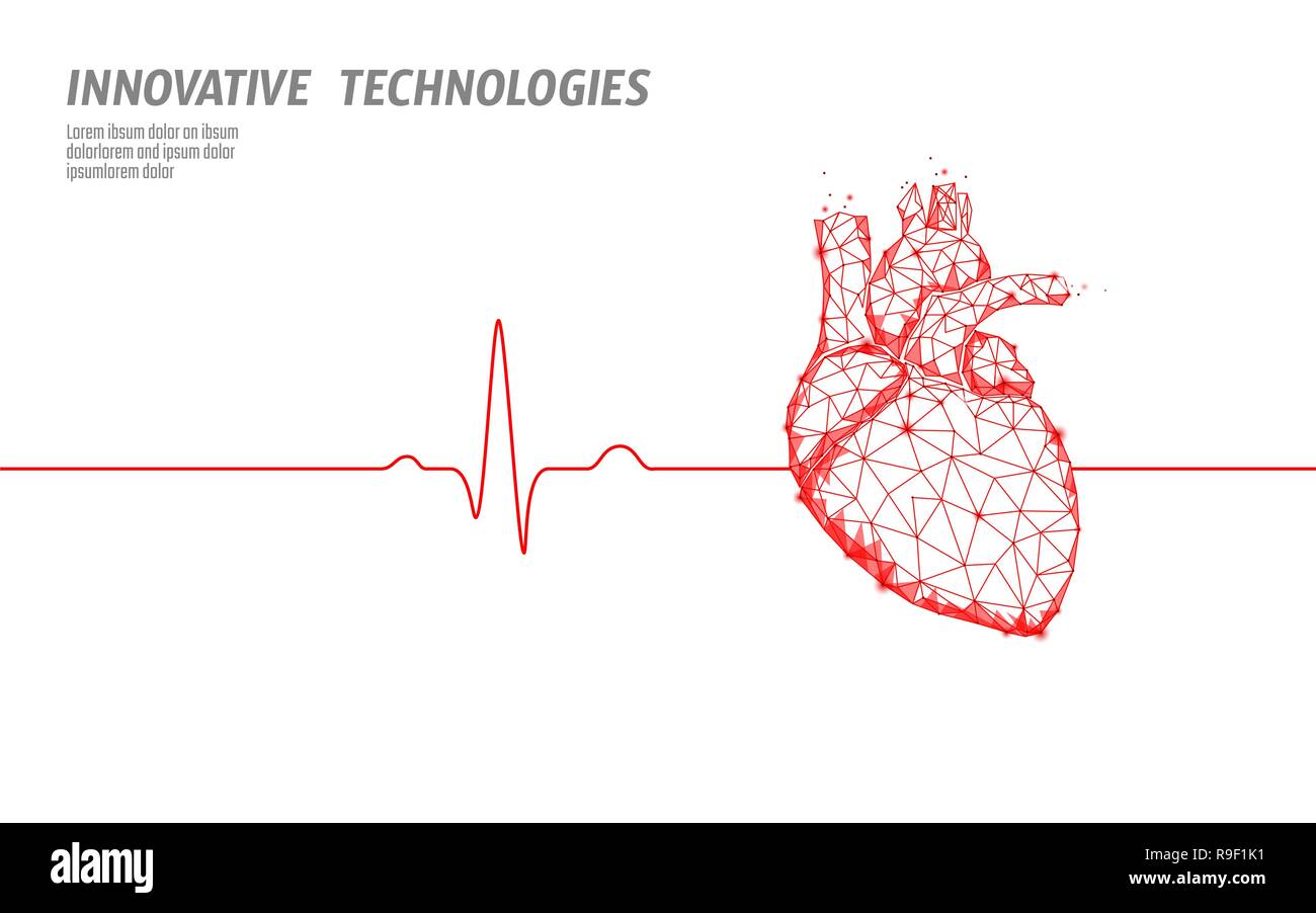 Umano sano di battiti cardiaci 3d modello di medicina a bassa poli. Triangolo di punti collegati glow punto sfondo rosso. Impulso interno moderno corpo di forma anatomica innovativa tecnologia di rendering illustrazione vettoriale Illustrazione Vettoriale