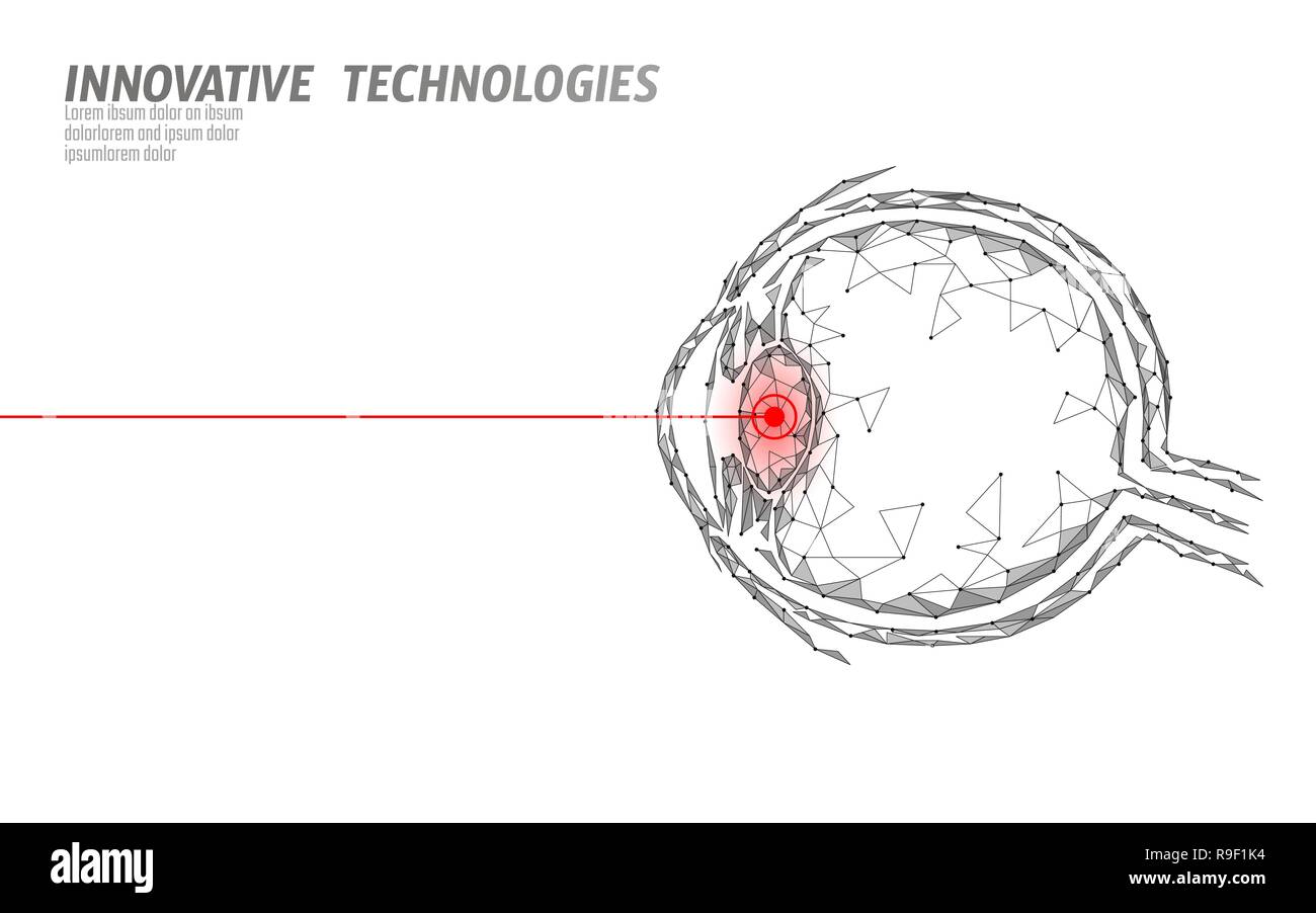 La correzione di visione del laser medicina il concetto di funzionamento. Innovazione tecnologia sanitaria. Eye 3D bassa poli triangolo poligonale scanner biometrico. Oftalmologia bulbo oculare umana banner illustrazione vettoriale Illustrazione Vettoriale