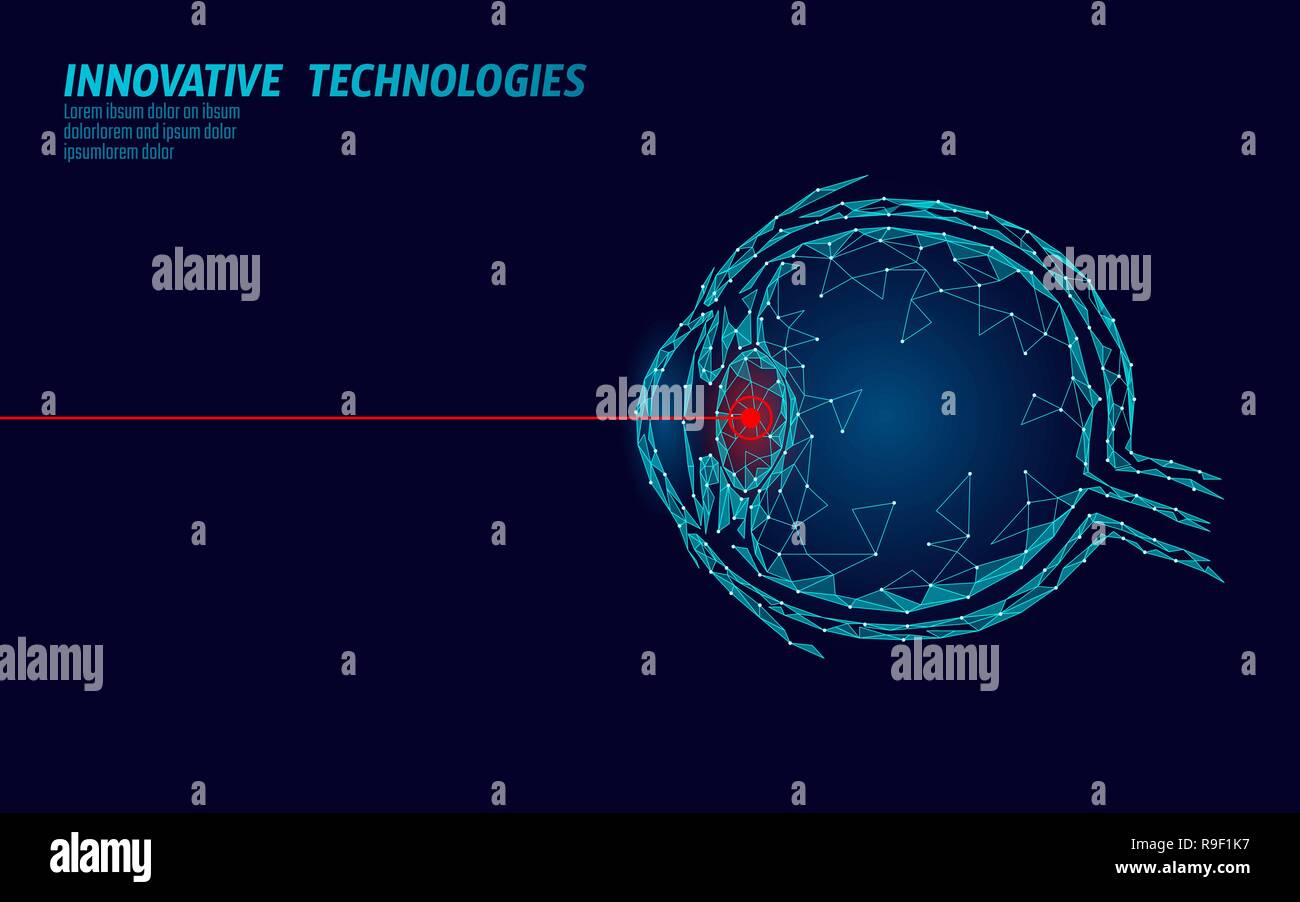 La correzione di visione del laser medicina il concetto di funzionamento. Innovazione tecnologia sanitaria. Eye 3D bassa poli triangolo poligonale scanner biometrico. Oftalmologia bulbo oculare umana banner illustrazione vettoriale Illustrazione Vettoriale