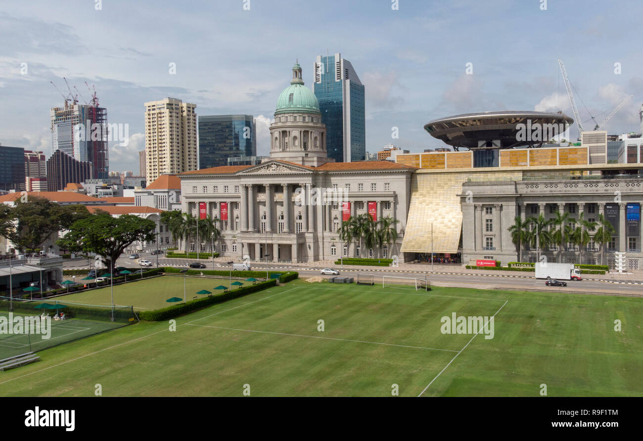 Centrale di Padang, la Singapore sport il mozzo e il parlamento, Singapore, Asia, drone shot Foto Stock