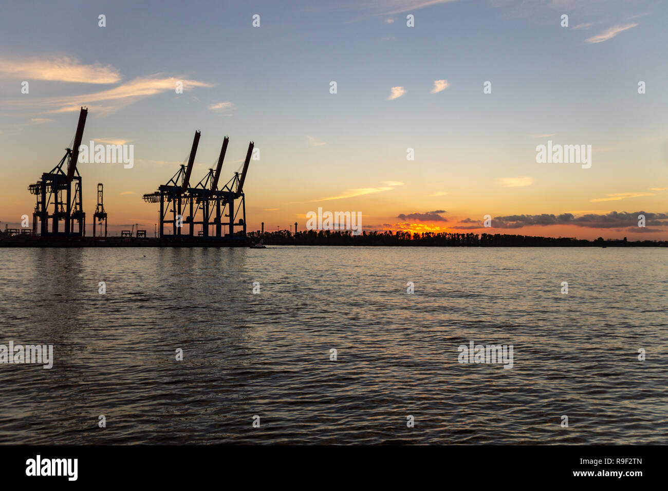 Amburgo, Germania - 11 Novembre 2018: vista panoramica di gru al porto di Amburgo durng tramonto ora. Foto Stock
