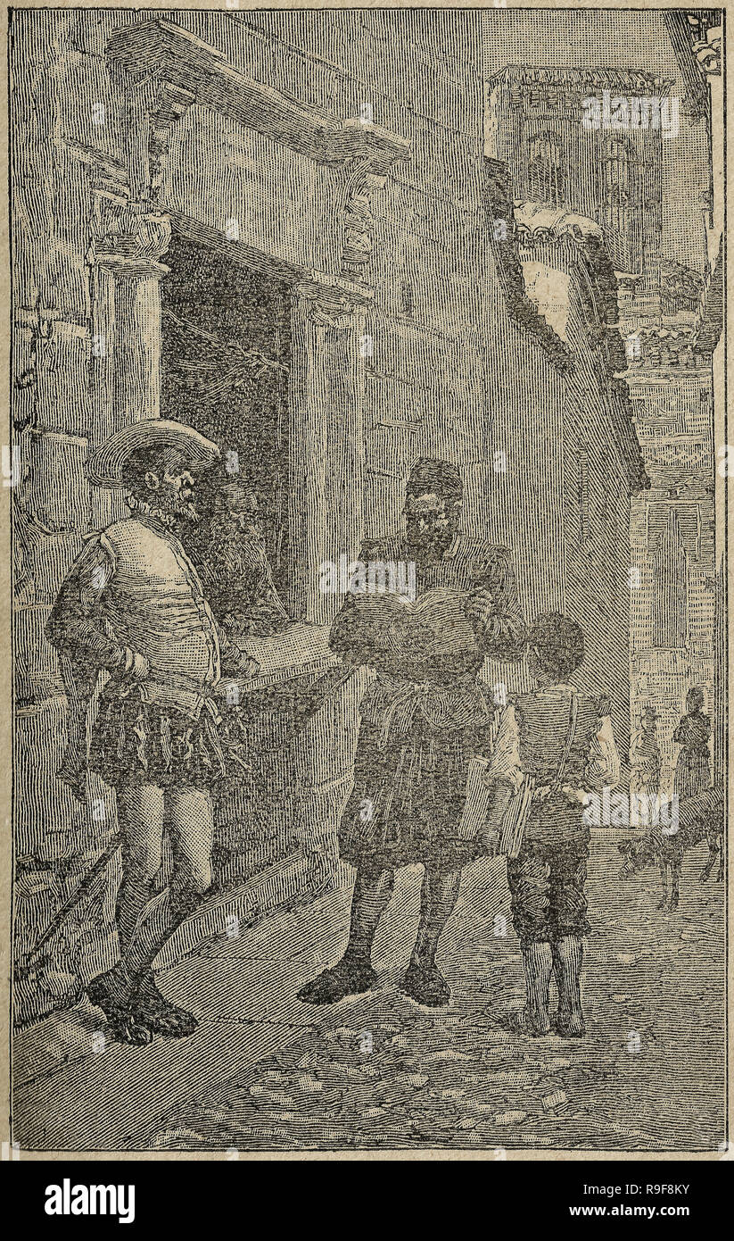 L'autore trova in Toledo Don Chisciotte manoscritto. Don Chisciotte romanzo scena. Illustrazione della Calleja Edition pubblicata nel 1916. Foto Stock