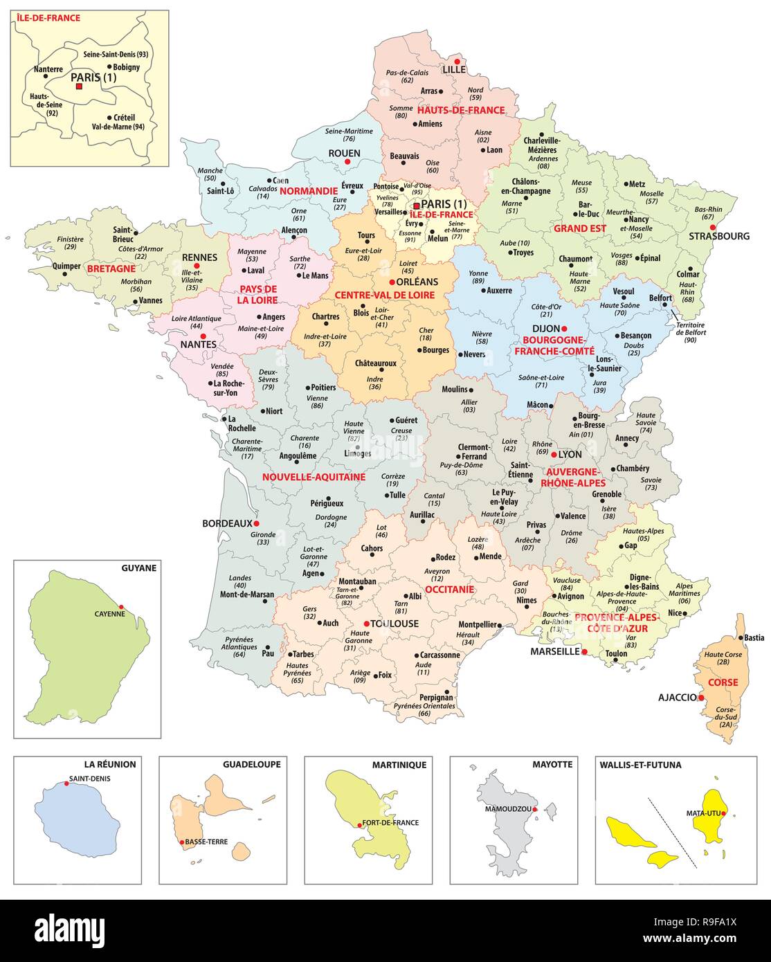 Mappa amministrativa delle 13 regioni della Francia e territori d'  oltremare Immagine e Vettoriale - Alamy