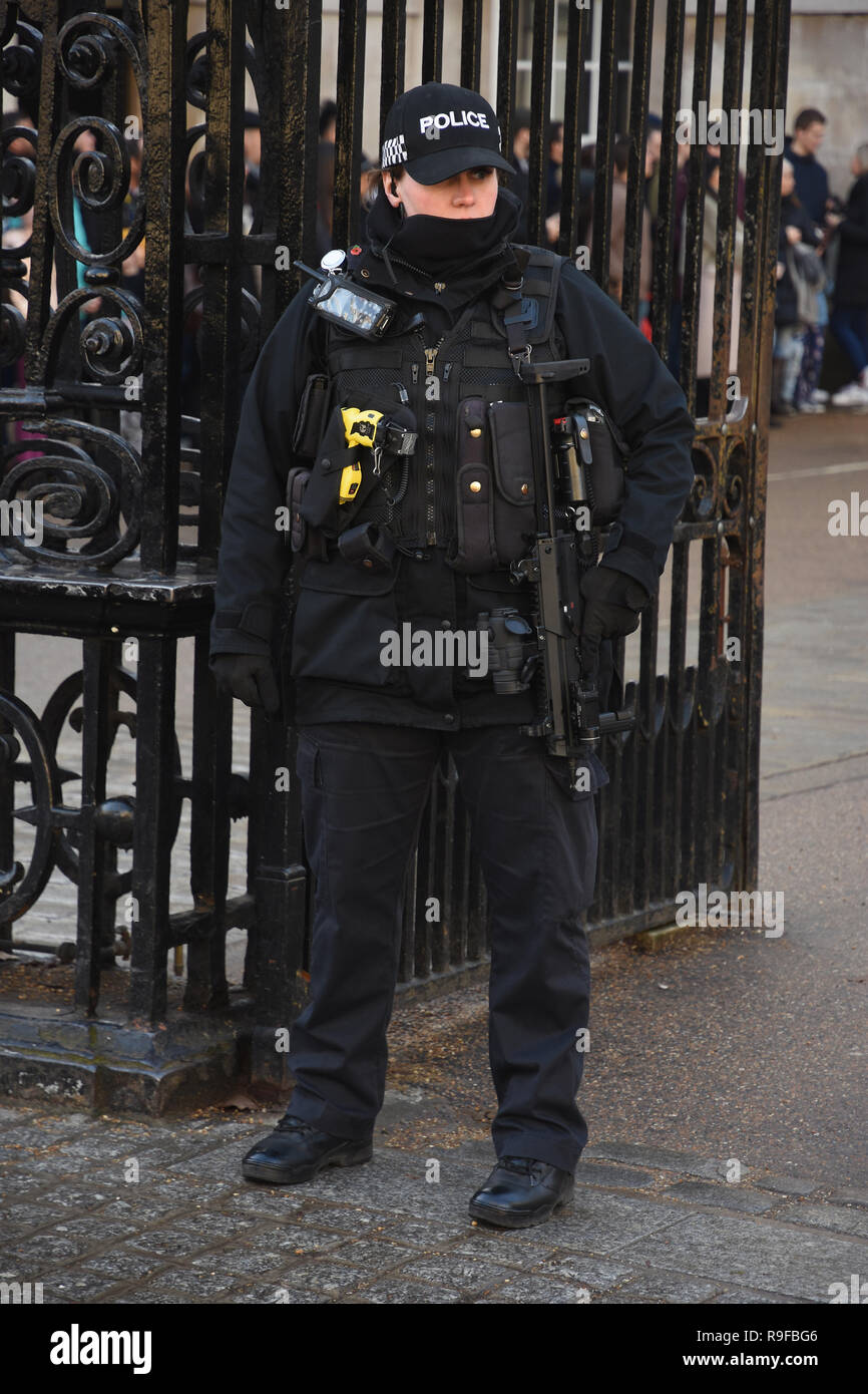 Ufficiale di polizia femminile armato che protegge il Cambio della Guardia, Parata dei Cavalleri, Whitehall, Londra. REGNO UNITO Foto Stock