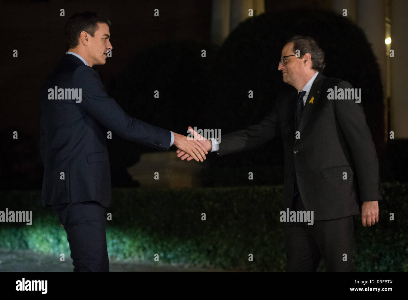 Il Primo Ministro spagnolo Pedro Sanchez (L) e catalano presidente regionale QUIM TORRA (R) salutare ogni altri momenti prima di tenere una riunione a Barcellona. Il governo spagnolo e il governo catalano ha convenuto di tenere una riunione congiunta a Barcellona tra la situazione di crisi a causa le aspirazioni di indipendenza della regione catalana Foto Stock