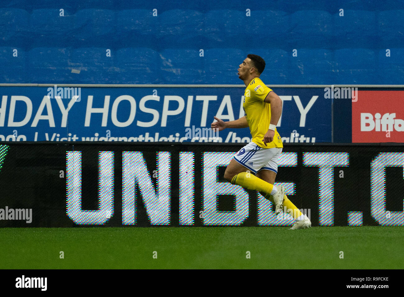 Birmingham City's che Adams celebra il suo punteggio i lati primo obiettivo 22 dicembre 2018, DW Stadium, Wigan, Inghilterra; Sky scommessa campionato, Wigan Athletic vs Birmingham City ; credito: Terry Donnelly/News immagini English Football League immagini sono soggette a licenza DataCo Foto Stock
