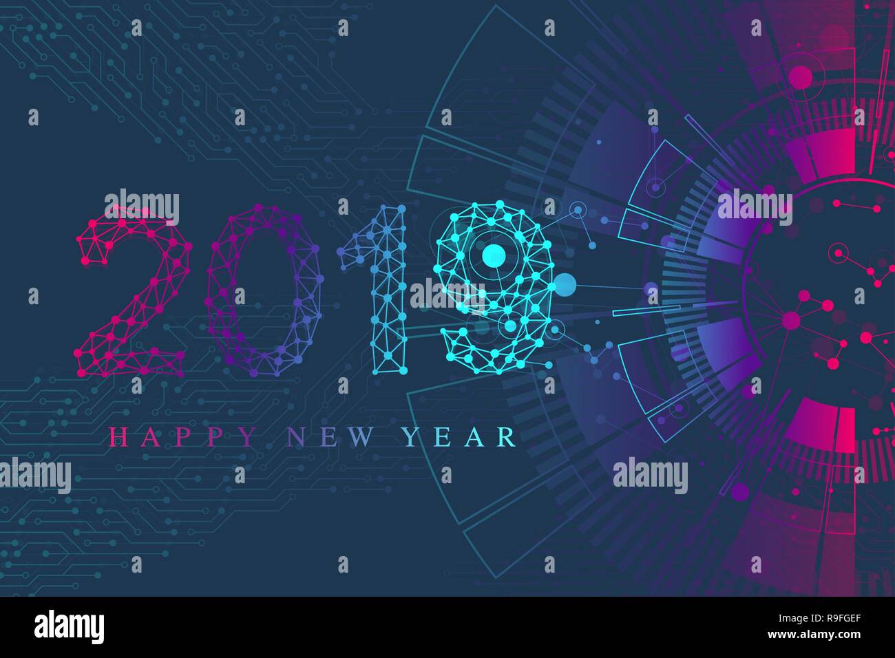 La scheda madre del computer sfondo vettoriale con scheda di circuito di elementi elettronici. Progettazione di testo natale e felice anno nuovo 2019. Texture elettronico per la tecnologia informatica, ingegneria concetto 2019 Illustrazione Vettoriale