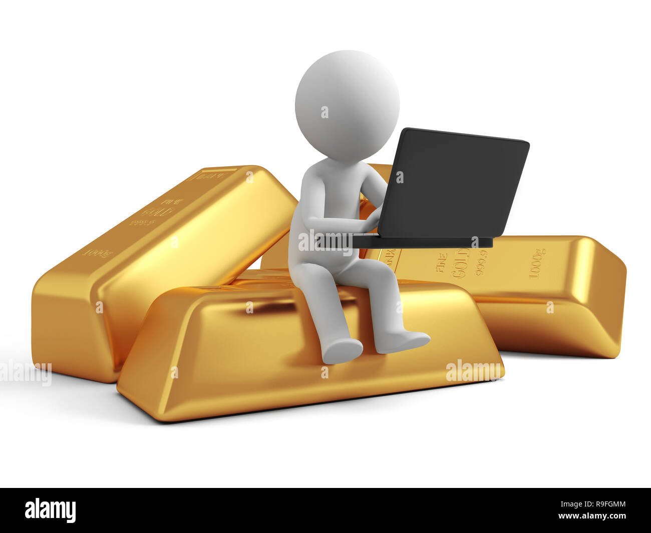 L'oro,soldi,un popolo seduto su un mattone in oro con un computer Foto Stock