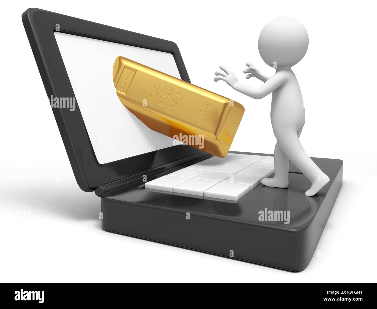 L'oro,soldi,un popolo prendere un mattone in oro da un computer Foto Stock