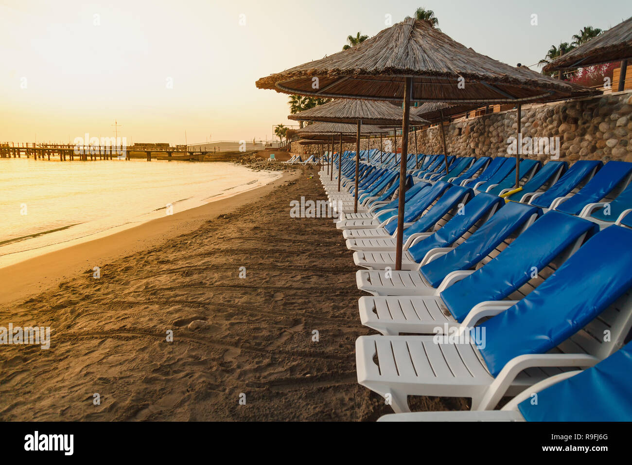 Svuotare il mare in spiaggia i primi albori mattina. Le sdraio e gli  ombrelloni sono file diritte Foto stock - Alamy