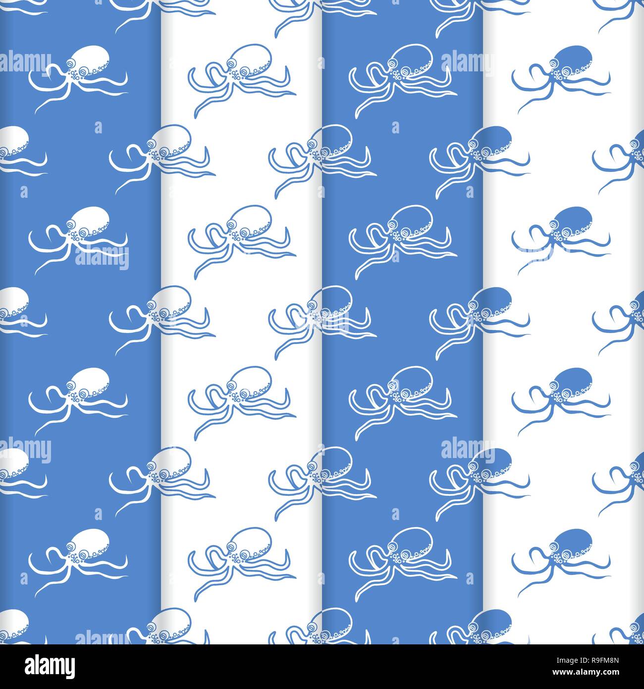 Set di 4 vector seamless pattern con polipi. Abitanti del mare. Animali sotto l'acqua. Design per imballaggio, tessuto, sfondo marino, stampa. Illustrazione Vettoriale