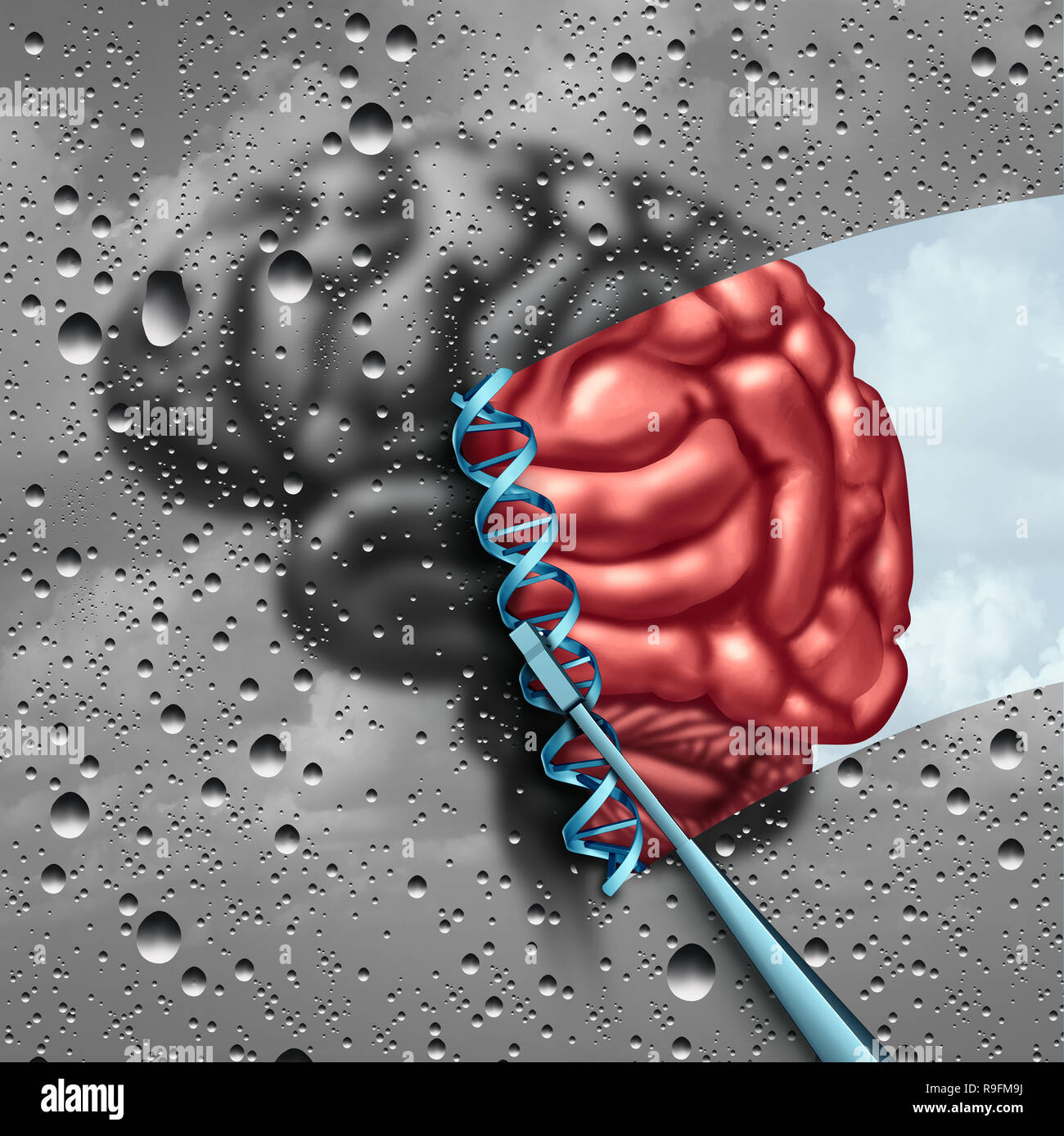 Scienza del cervello e le neuroscienze cognitive scoperta come una salute mentale psicologia o psichiatria terapia cellulare staminale concetto con un filamento di DNA. Foto Stock