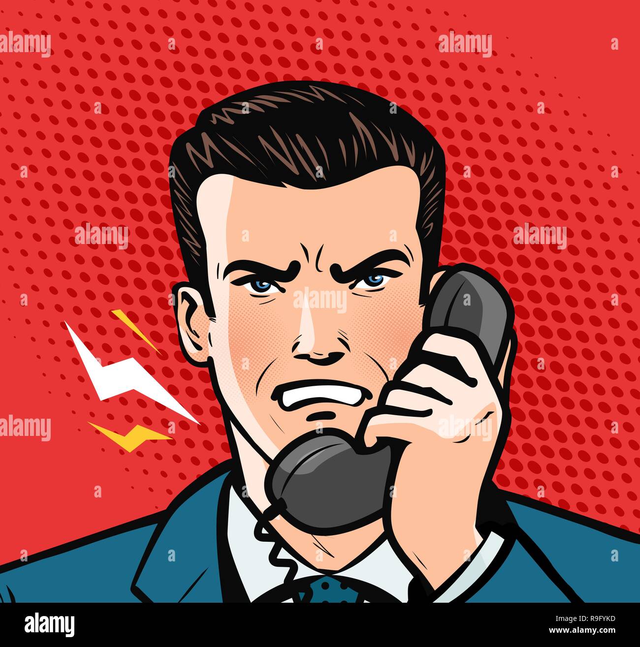L'uomo arrabbiato parlando al telefono. Il concetto di business. La Pop art rétro in stile fumetto. Fumetto illustrazione vettoriale Illustrazione Vettoriale