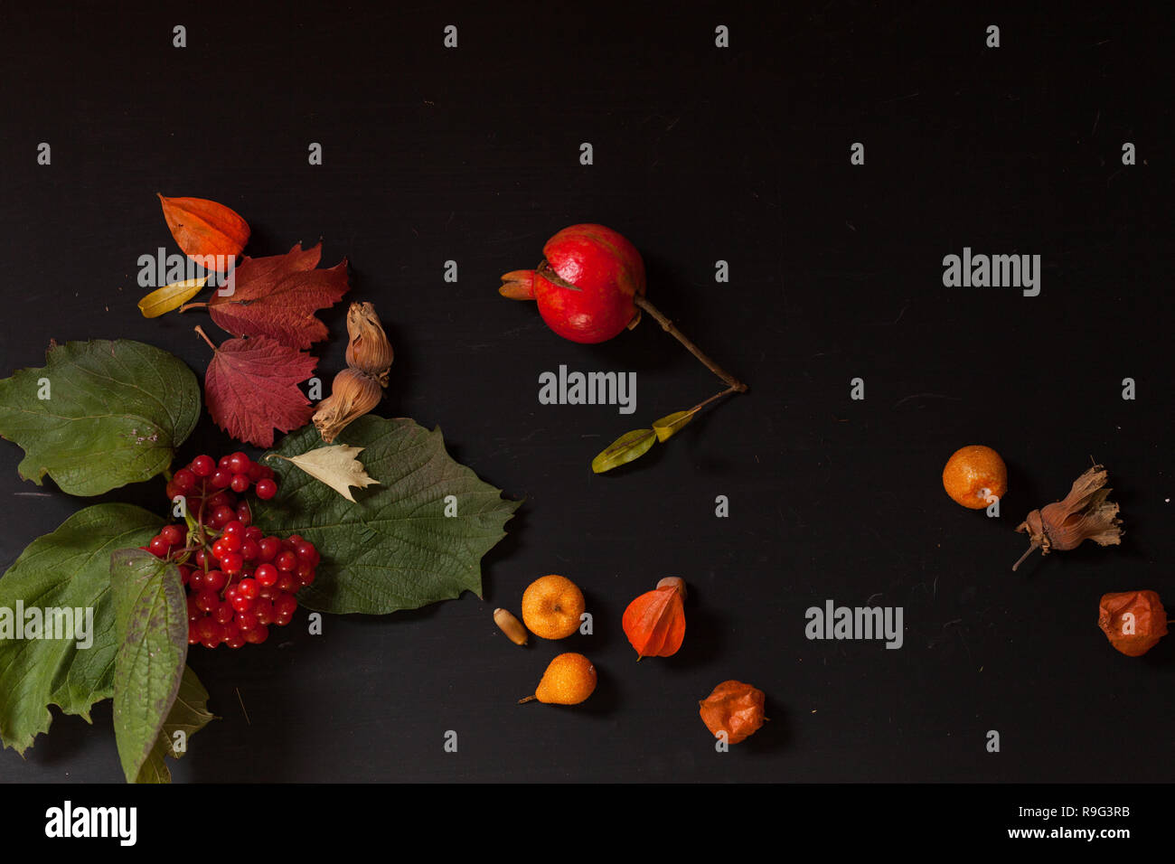 I dadi di frutti di foglie colorate sullo sfondo per colazione pranzo cena Foto Stock