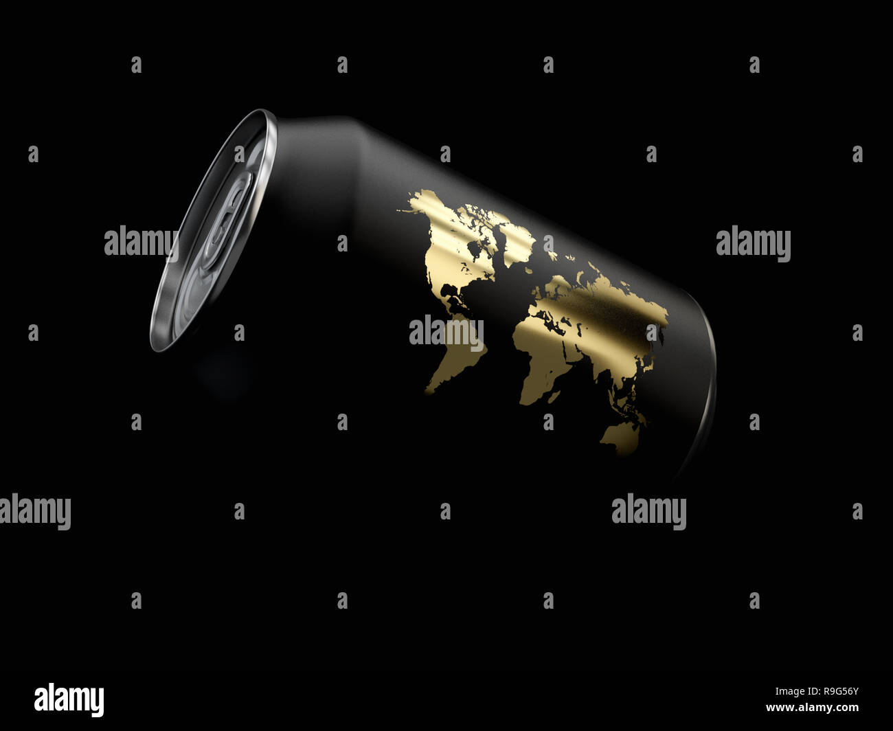 3D Rendering di alluminio vuoto birra o una bibita analcolica può su sfondo nero Foto Stock