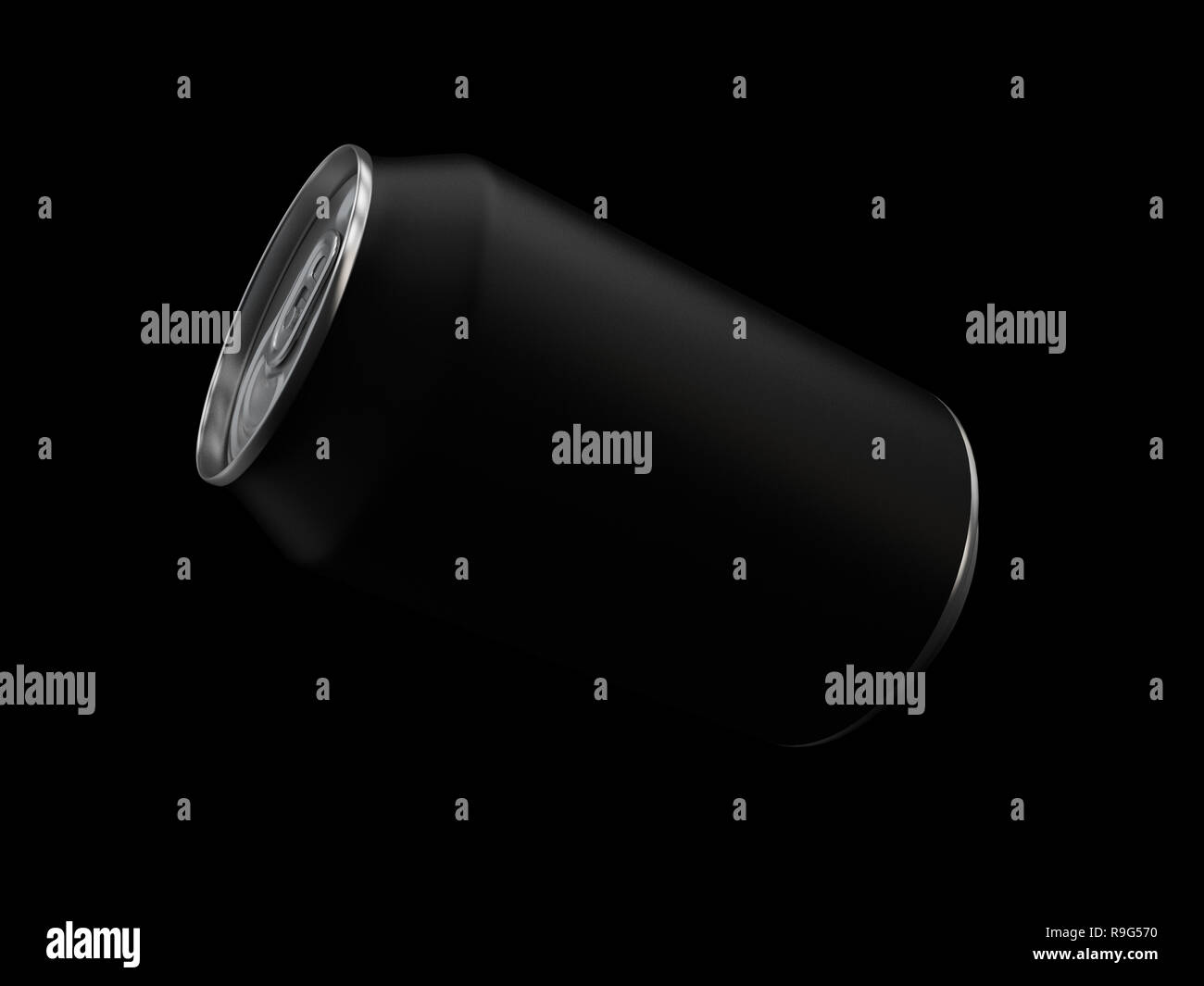 3D Rendering di alluminio vuoto birra o una bibita analcolica può su sfondo nero Foto Stock