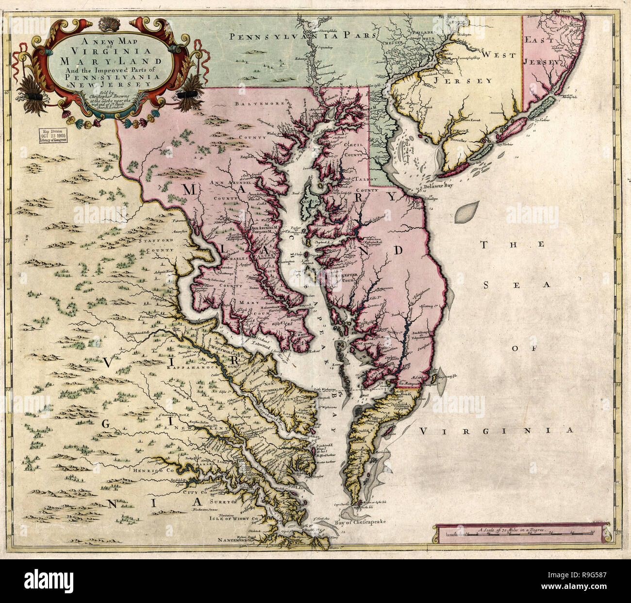 Una nuova mappa di Virginia, Maryland e le parti migliorate della Pennsylvania e del New Jersey, circa 1685 Foto Stock