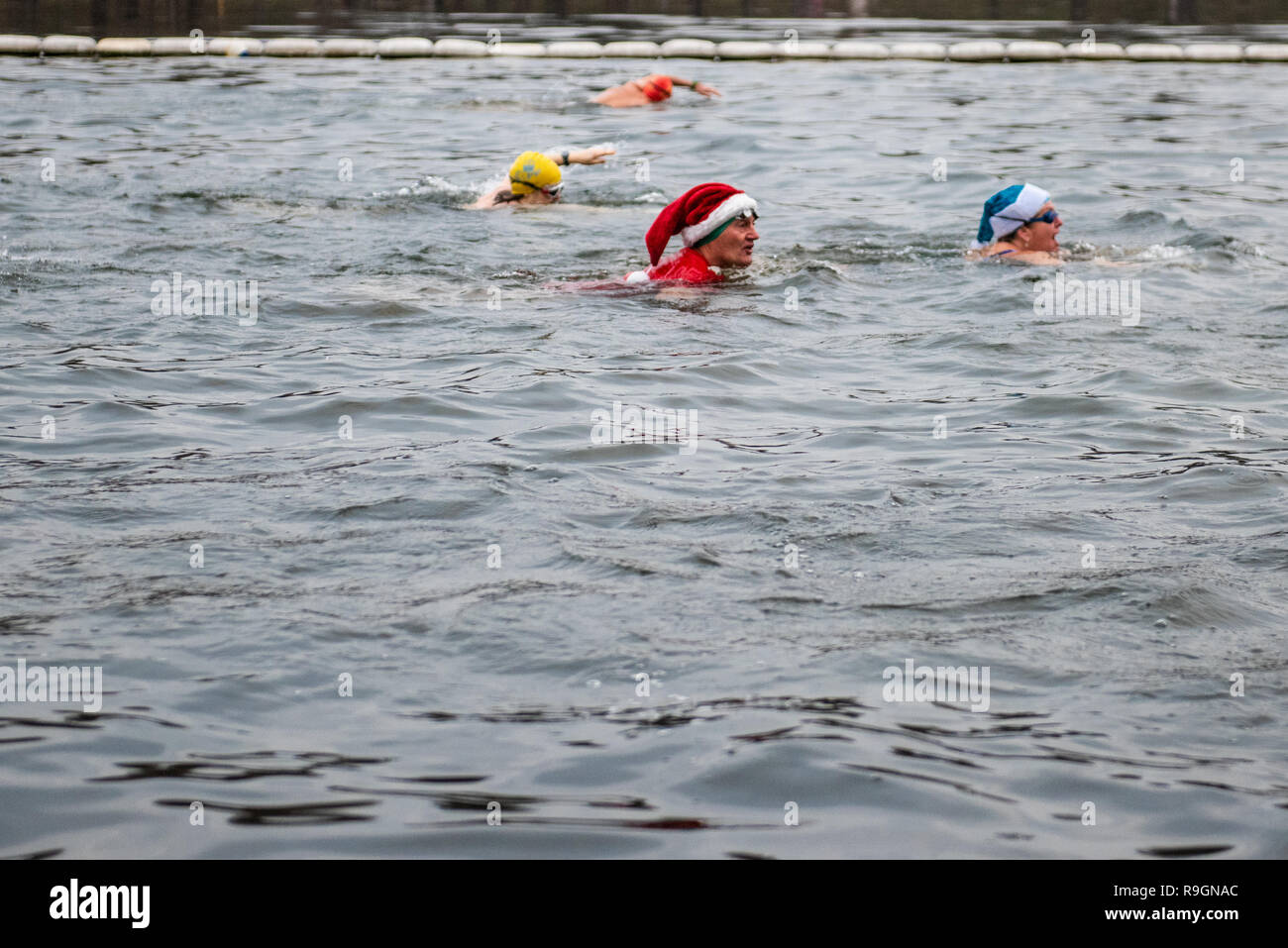 Londra, Regno Unito. 25 Dic, 2018. Membri della serpentina del club di nuoto partecipare alla tradizionale 100-cantiere Peter Pan il giorno di Natale gara in Hyde Park, Londra. Credito: Cady Aringa/Alamy Live News Foto Stock