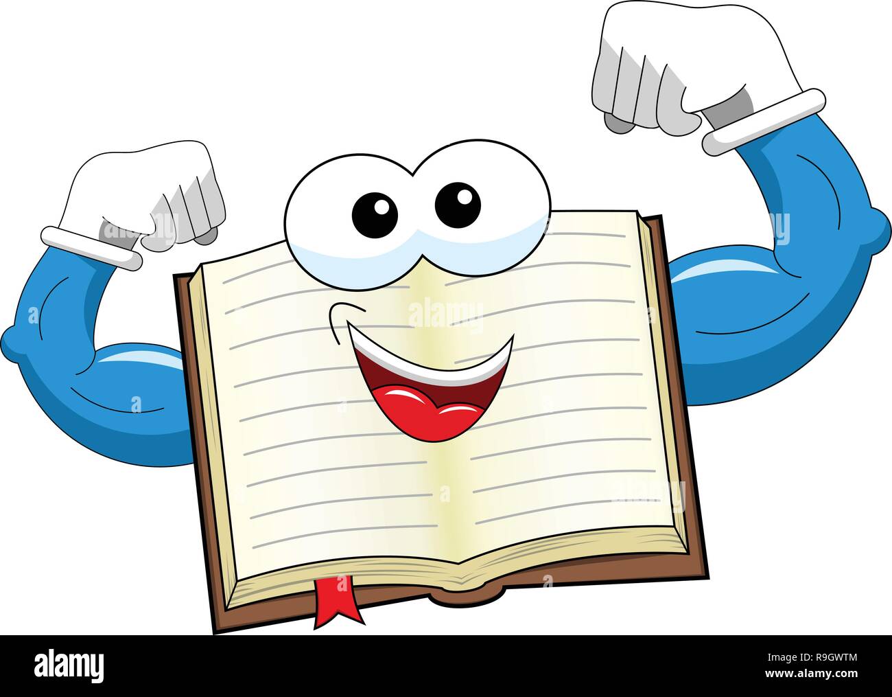 Il Mascot libro aperto che mostra il suo bicipite isolato Illustrazione Vettoriale