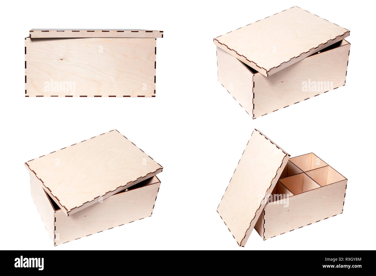 Closeup texture di legno aprire la scatola con coperchio, non verniciato,  vista da tutti i lati isolati su sfondo bianco. Concetto gabbia,  contenitore, luogo di magazzinaggio di legname Foto stock - Alamy