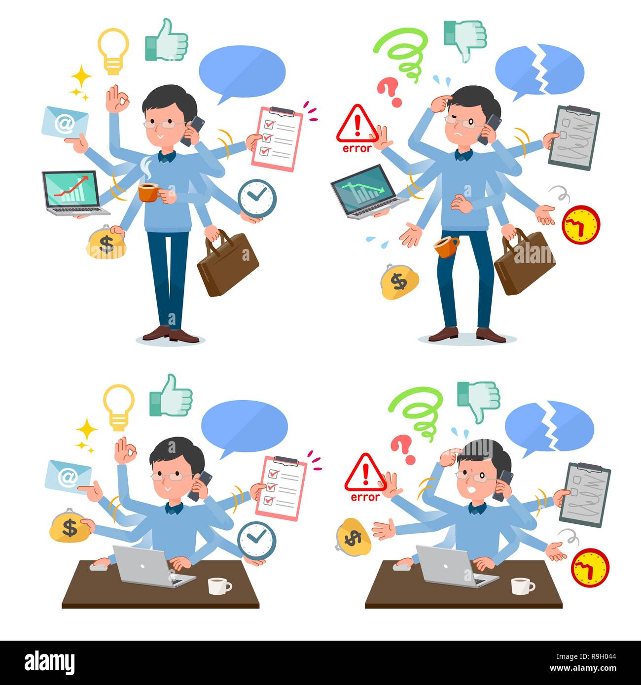 Un insieme di uomo che eseguire il multitasking in ufficio.Ci sono cose da fare senza intoppi e un modello che è in preda al panico.it vettore dell'arte così è facile e Illustrazione Vettoriale