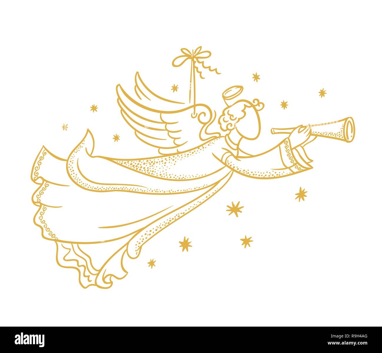 Golden Angel isolato silhouette appeso a una corda e fiocchi di neve Illustrazione Vettoriale