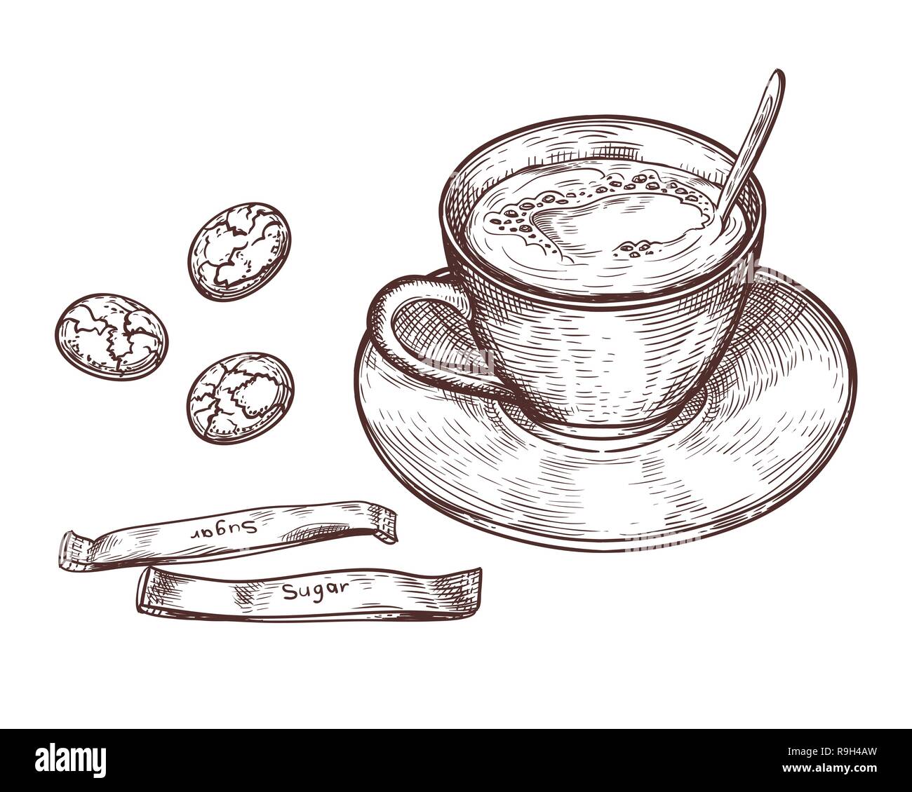 Disegnato a mano (Cup) Tazza di una bevanda calda (caffè, tè ecc.). Tazza isolata su sfondo bianco. Tazzina, tazza di caffè Illustrazione Vettoriale