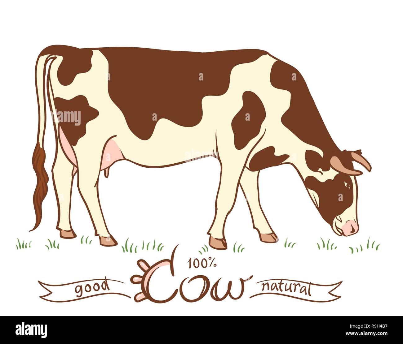 Mucca pezzata in un prato che mangia l'erba. Silhouette su uno sfondo bianco Illustrazione Vettoriale
