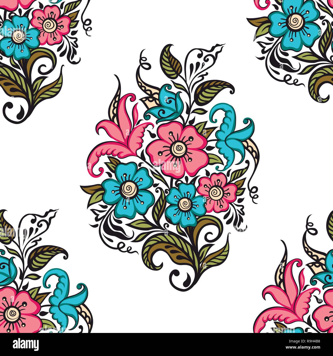 Bouquet di fiori. Modello senza giunture di bouquet di fiori decorativi su sfondo bianco Illustrazione Vettoriale