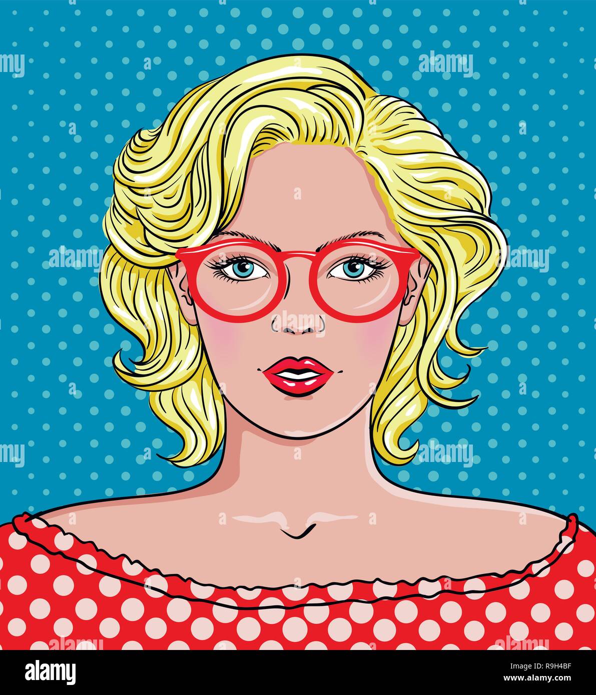 La Pop Art donna con gli occhiali. Donna colore rosso bicchieri Illustrazione Vettoriale