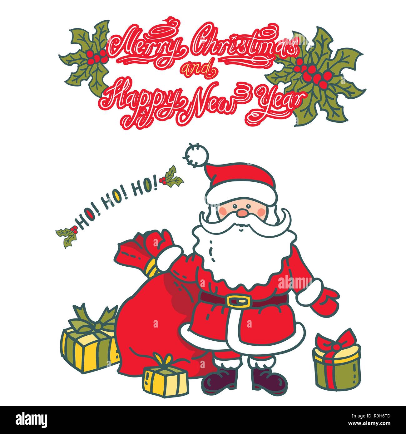 Babbo Natale con sacco e regali. Illustrazione della scheda Messaggi di saluto con testo: 'Buon Natale e Felice Anno Nuovo" Illustrazione Vettoriale