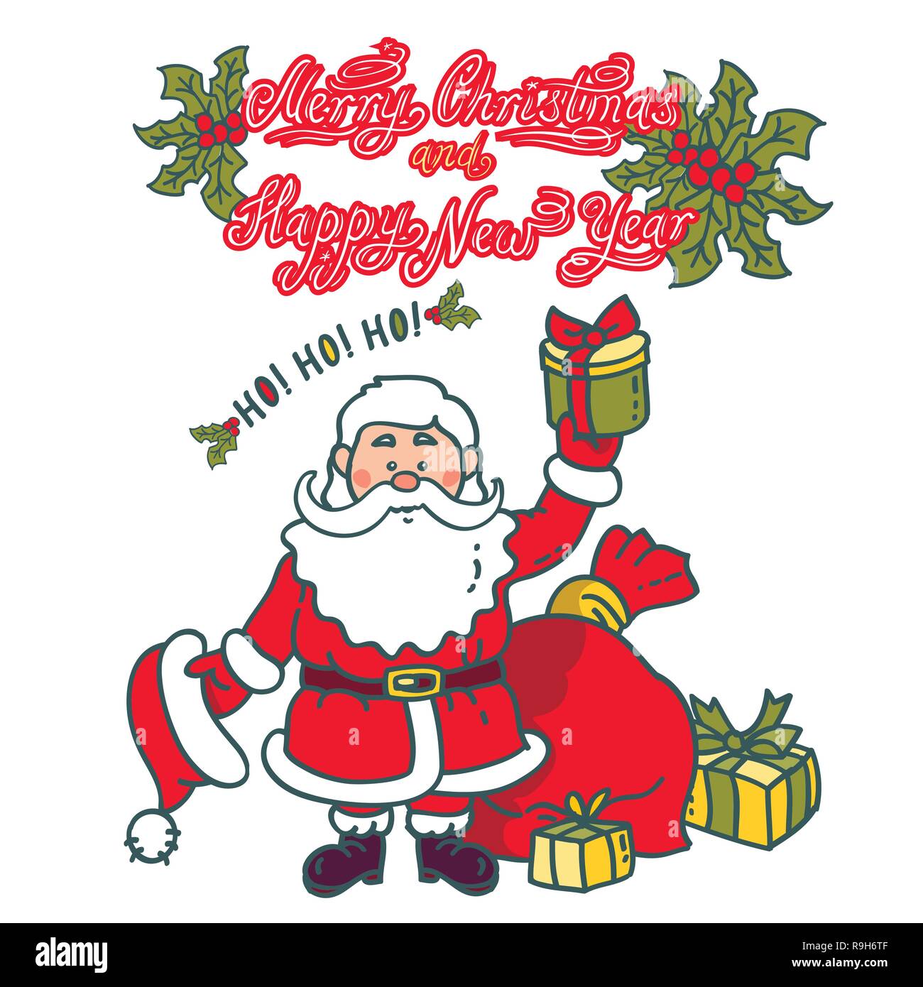 Babbo Natale con i doni. In stile vintage funny greeting card - Natale e Felice Anno Nuovo Holiday Illustrazione Vettoriale