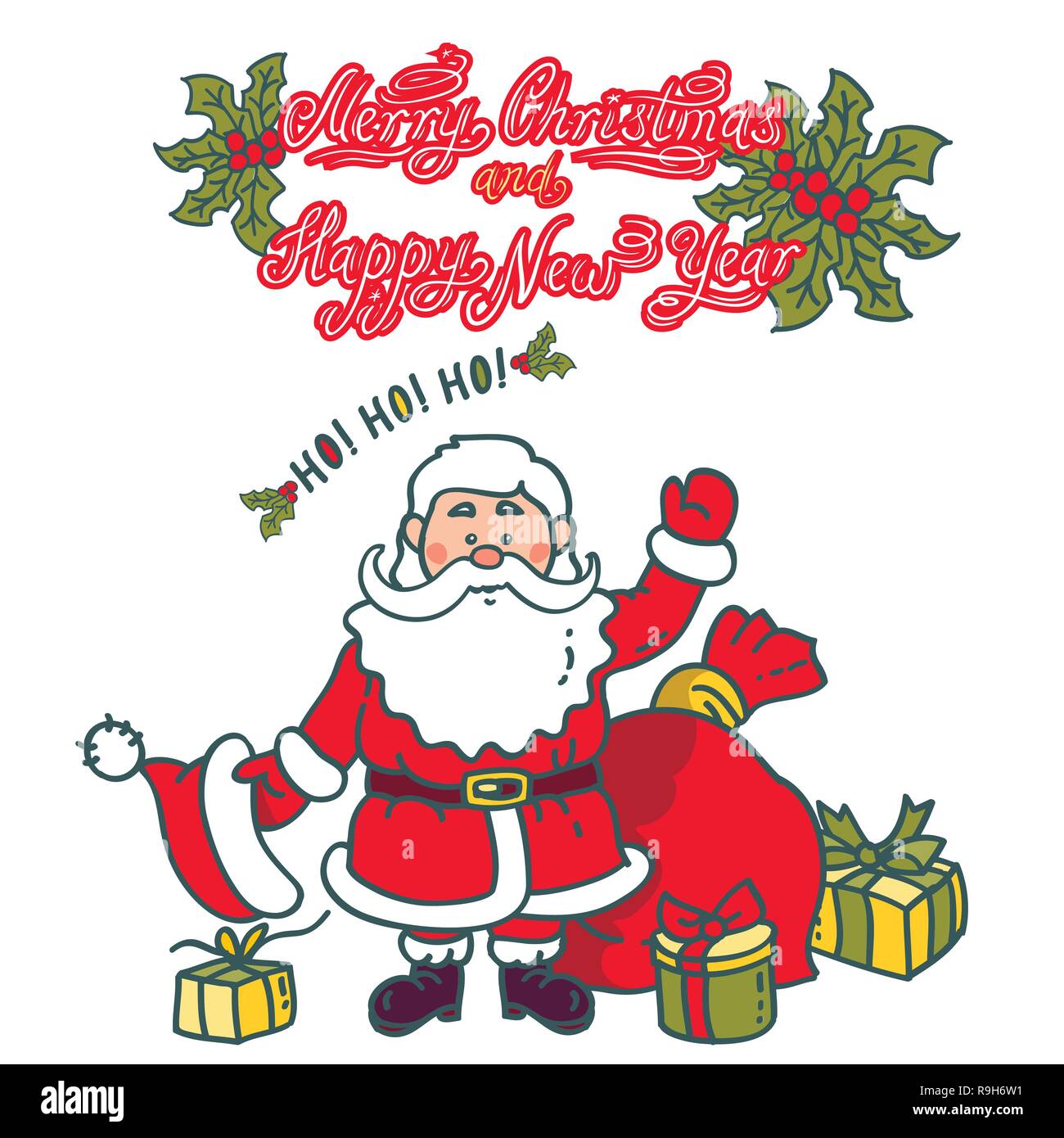 Santa Claus sventolare. In stile vintage funny greeting card - Natale e Felice Anno Nuovo Holiday Illustrazione Vettoriale