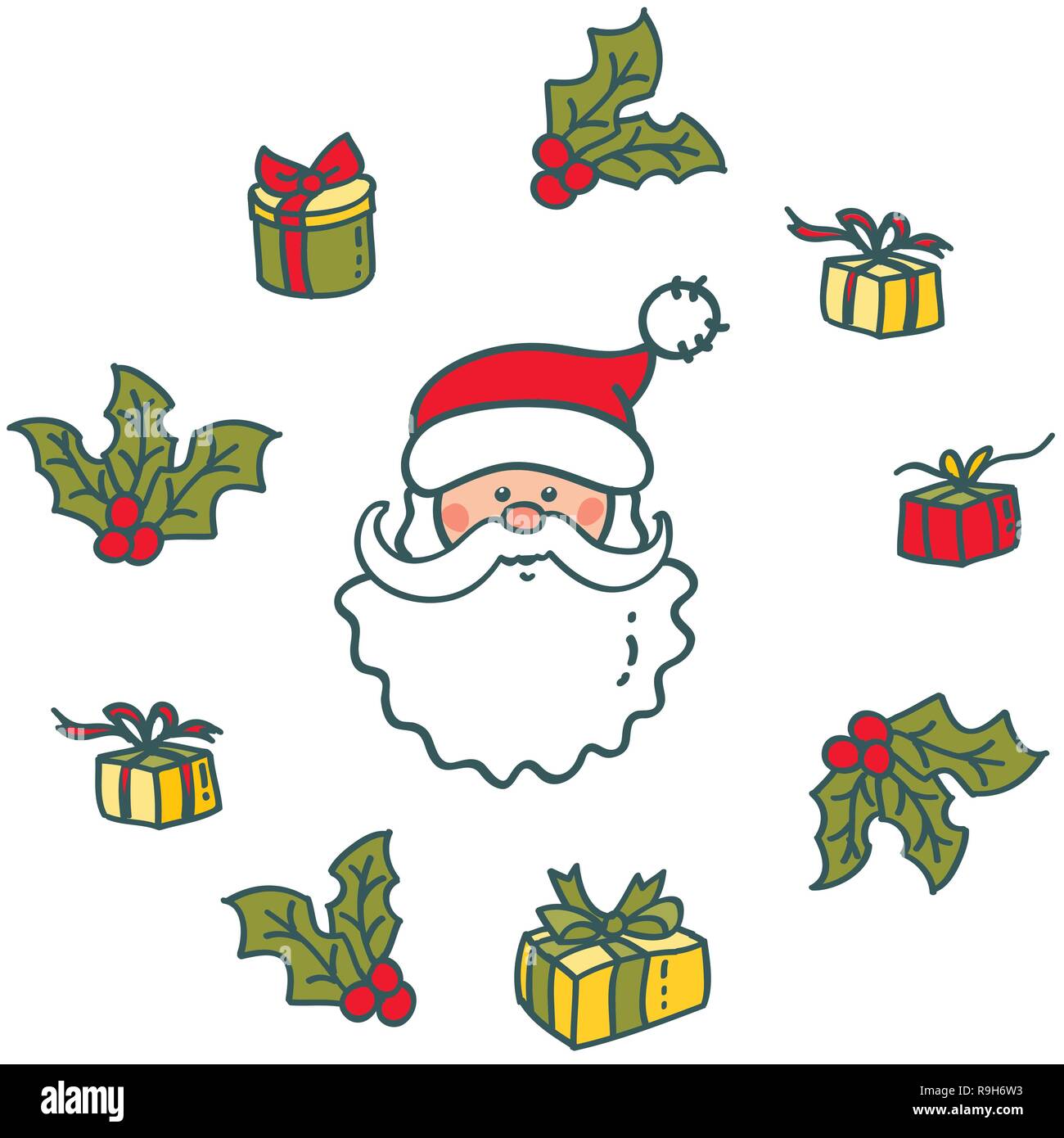 Testa di Babbo Natale e regali. Elementi per Natale e Anno Nuovo design Illustrazione Vettoriale
