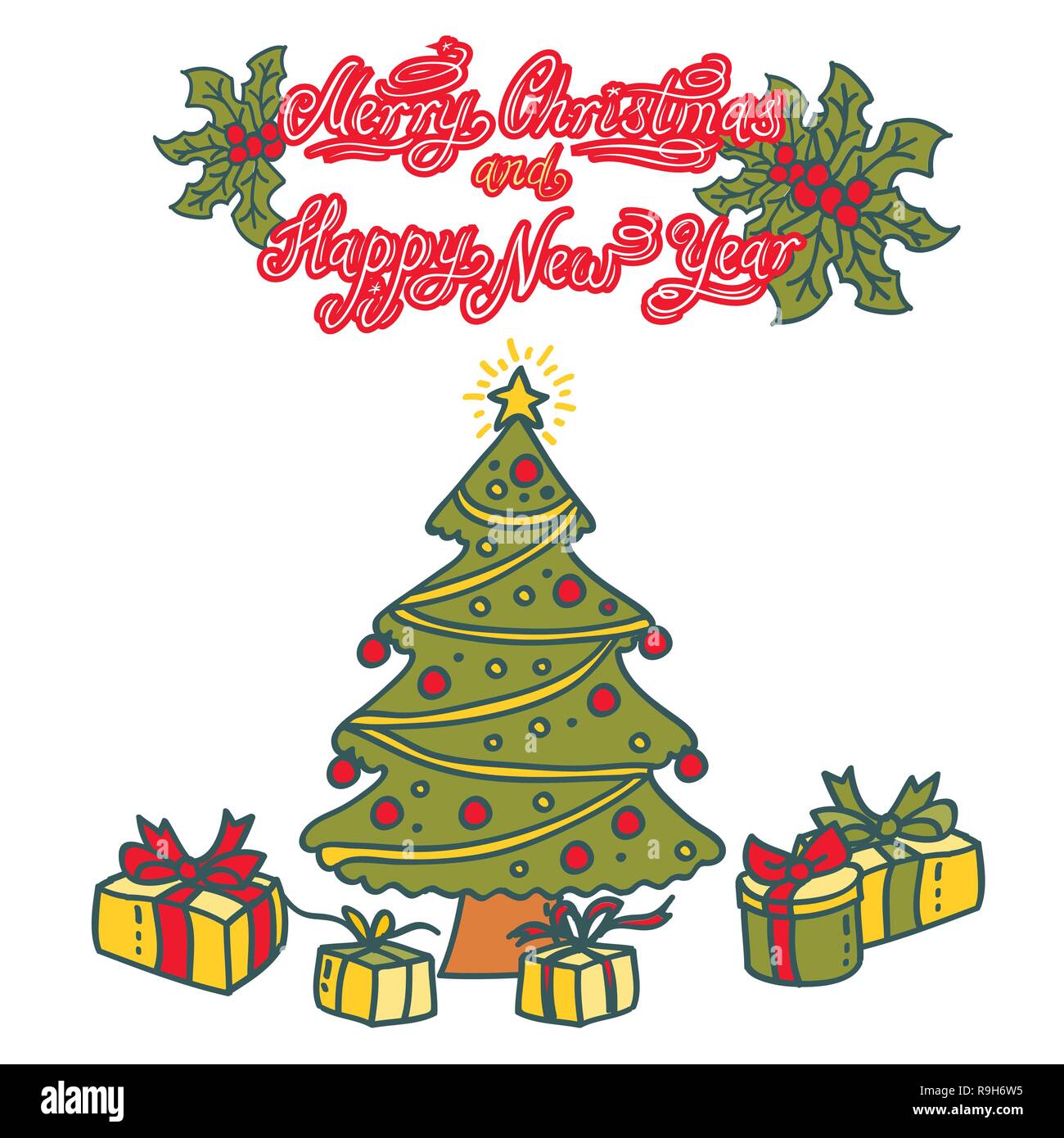 Albero di natale con le palle di Natale e presenta al di sotto di esso Illustrazione Vettoriale