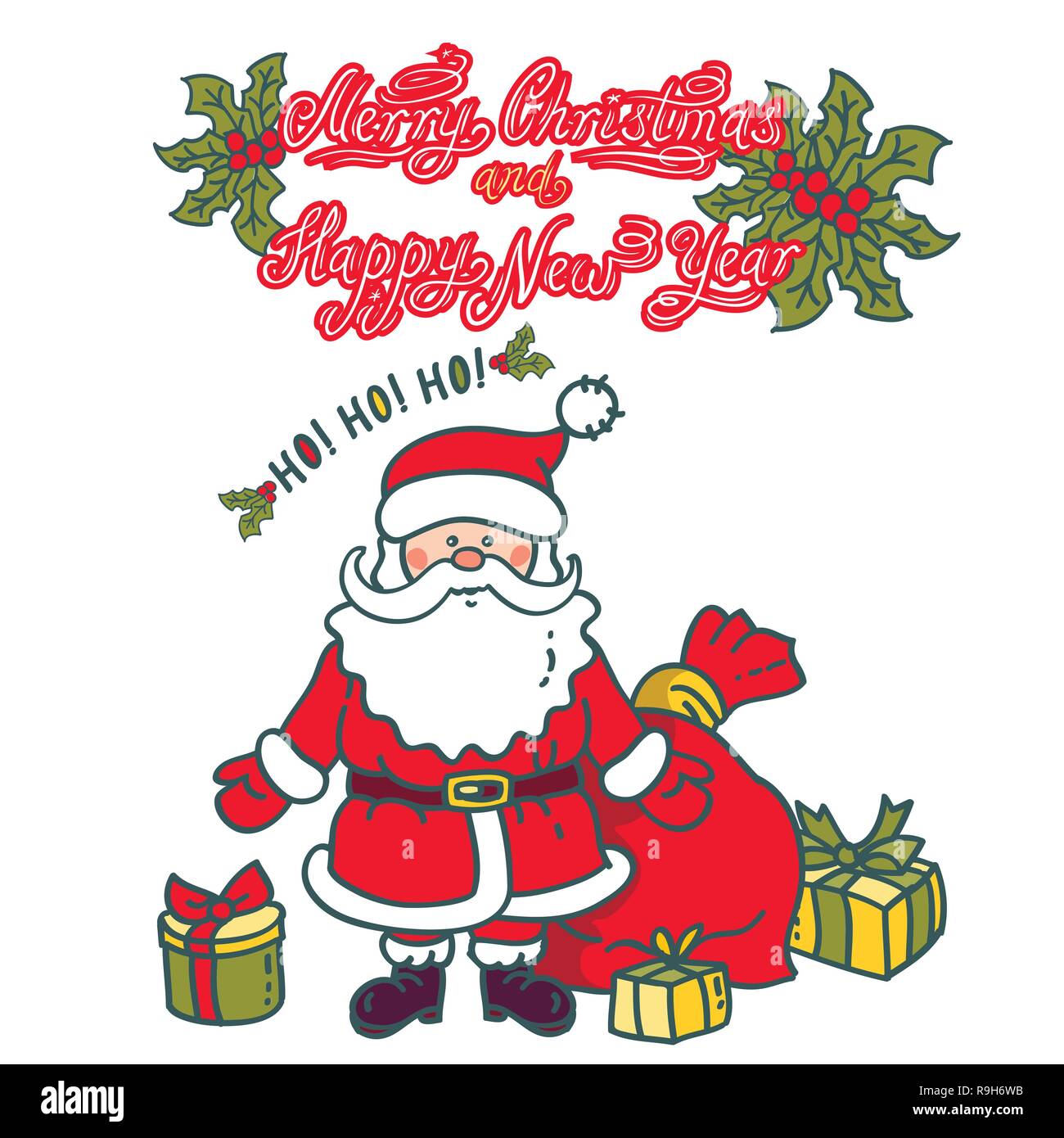 Babbo Natale con presenta molte scatole intorno a. Biglietto di auguri con il testo. Natale e Anno Nuovo design di saluto Illustrazione Vettoriale