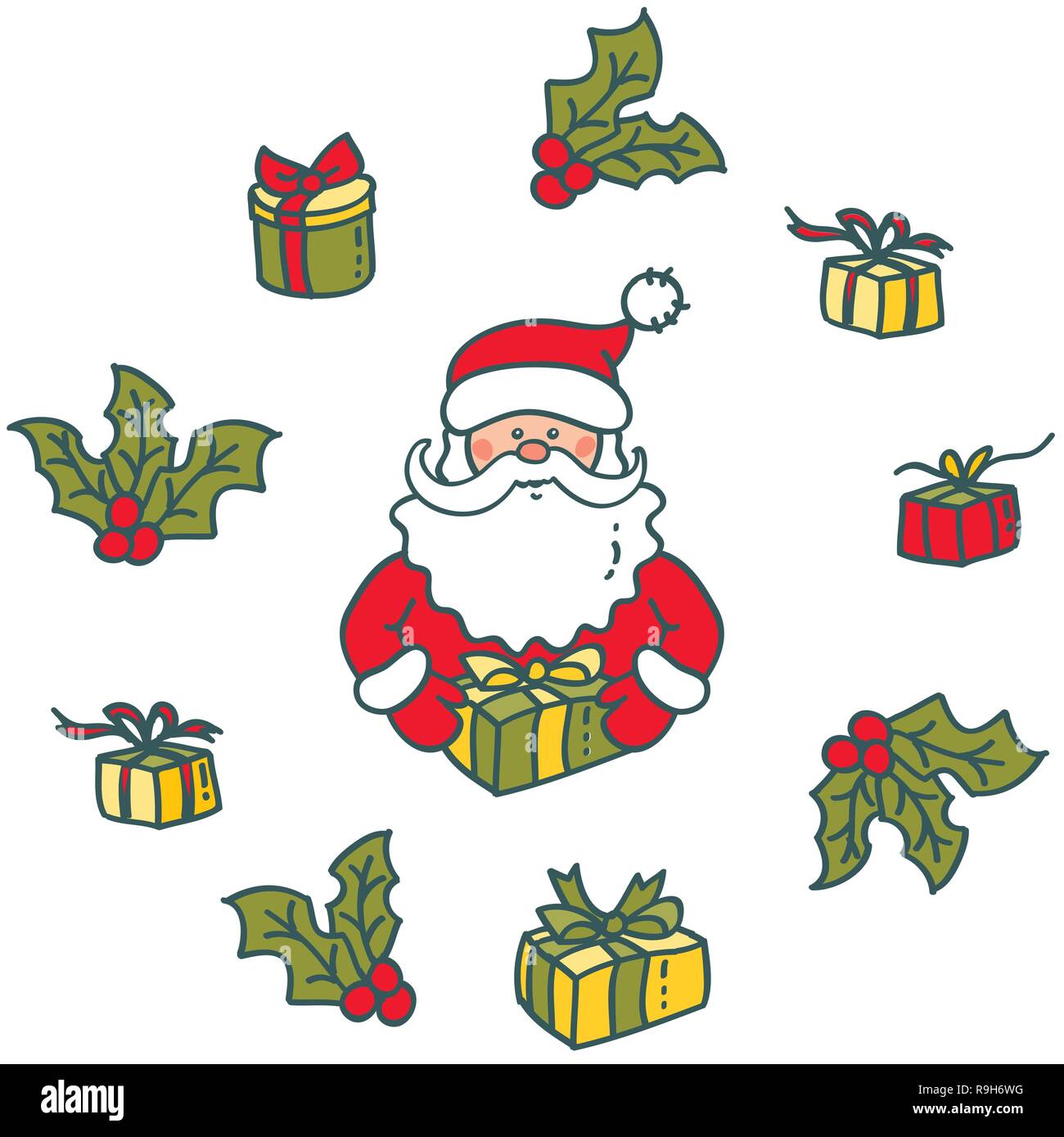 Ritratto di Babbo Natale e regali. Elementi per Natale e Anno Nuovo design Illustrazione Vettoriale