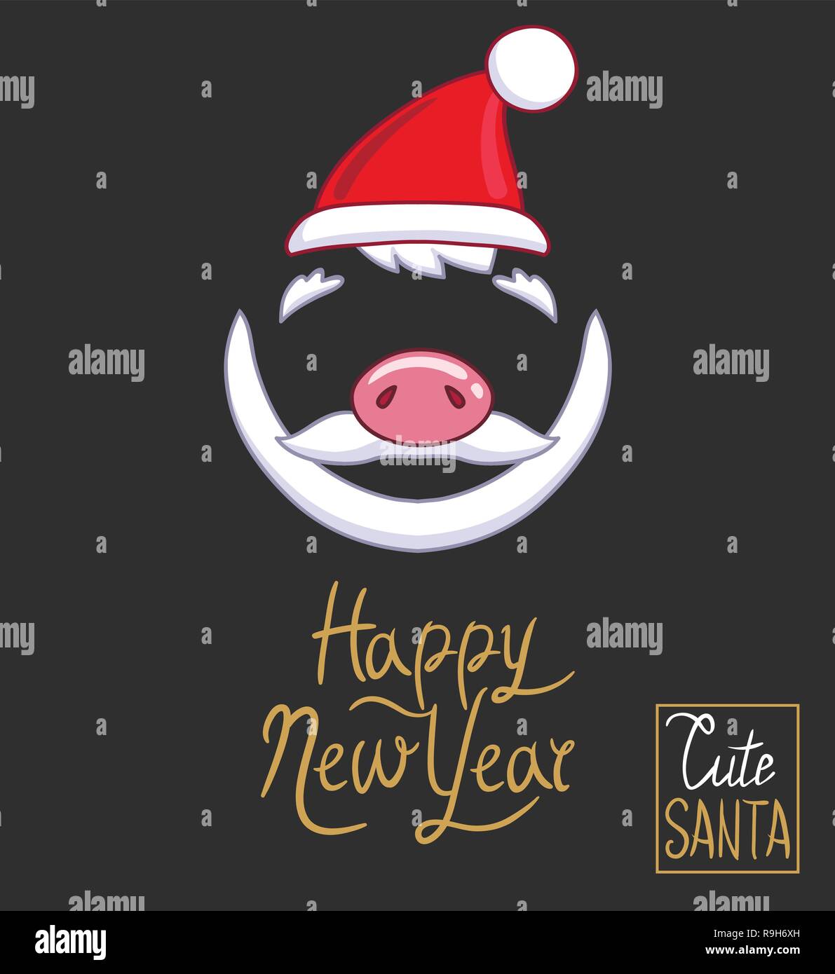 Santa Claus hat, piggy naso, barba e baffi con la scritta Felice Anno Nuovo. Su uno sfondo scuro. Disegnata a mano stile di disegno vettoriale Illustrazione Vettoriale