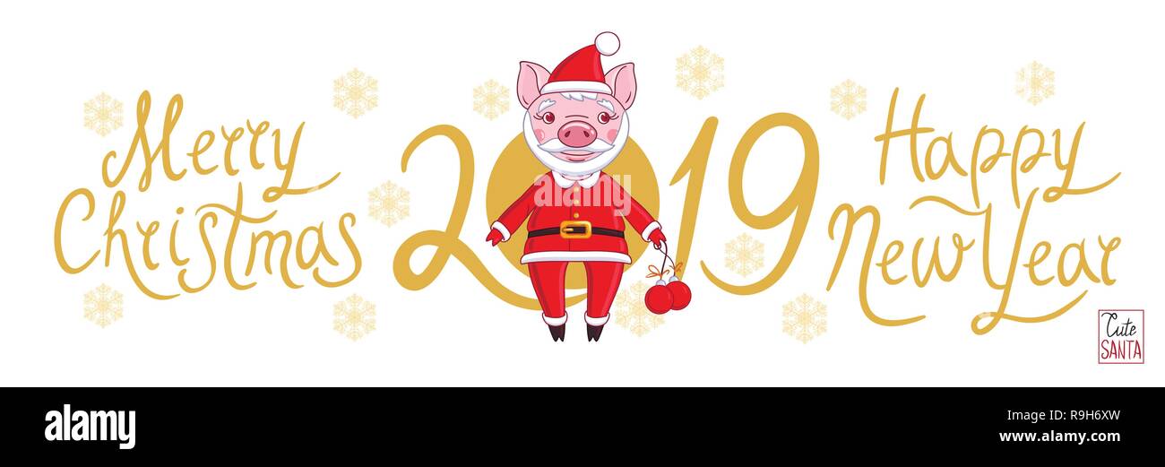 Maialino nel ruolo di Babbo Natale in un abito festivo, che tiene in mano le palle di Natale. Su uno sfondo bianco testo 2019 e fiocchi di neve Illustrazione Vettoriale
