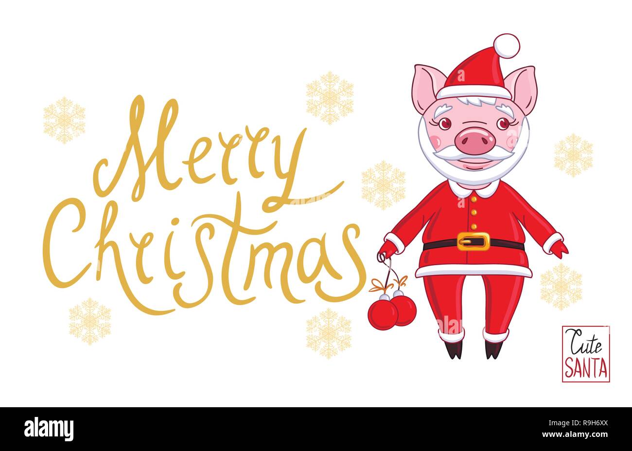 Maialino nel ruolo di Babbo Natale in un abito festivo, che tiene in mano le palle di Natale. Su uno sfondo bianco e i fiocchi di neve Illustrazione Vettoriale