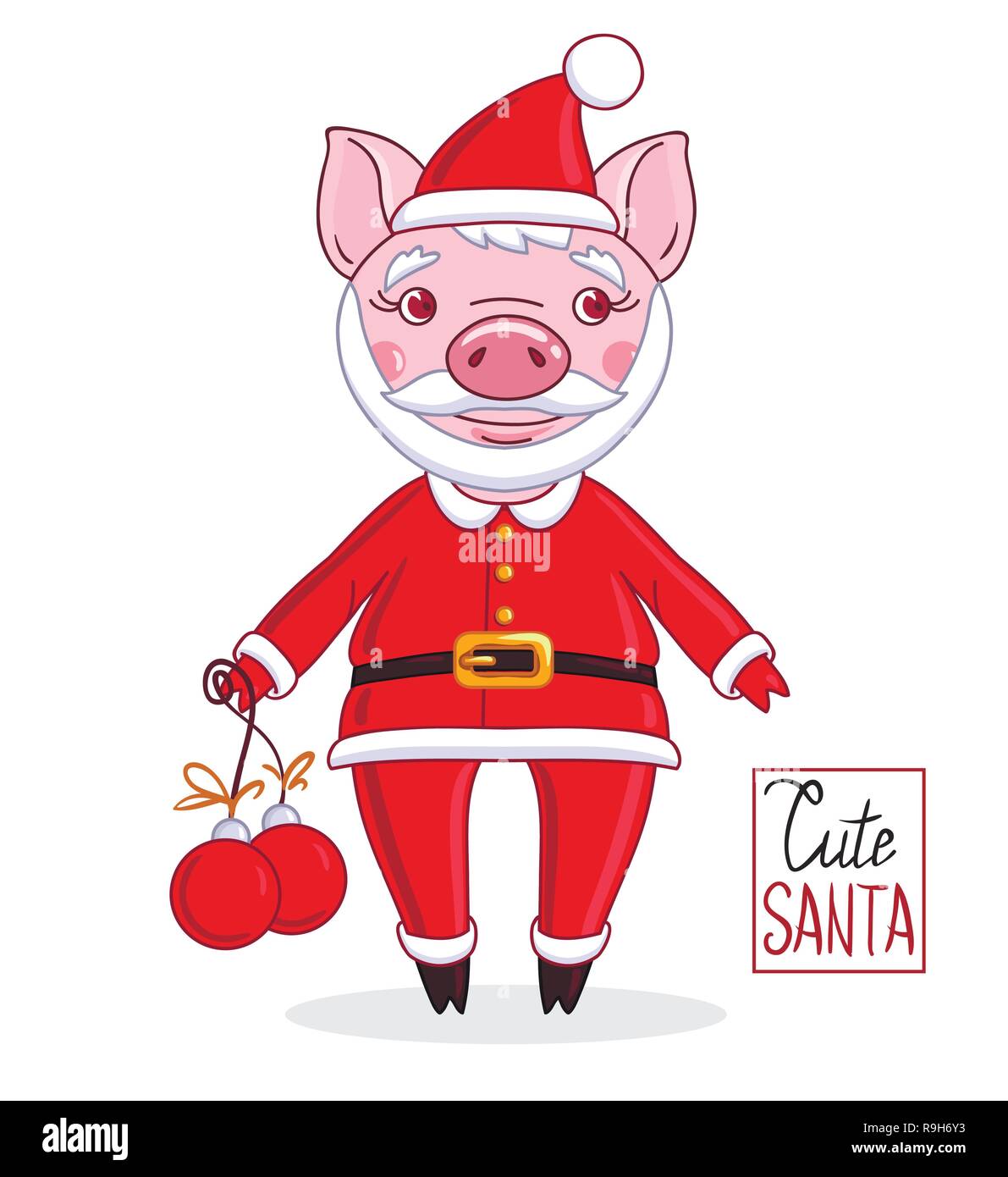 Personaggio dei fumetti piglet nel ruolo di Babbo Natale in un Red Hat con la barba e baffi, che tiene nelle sue mani le palle di Natale Illustrazione Vettoriale