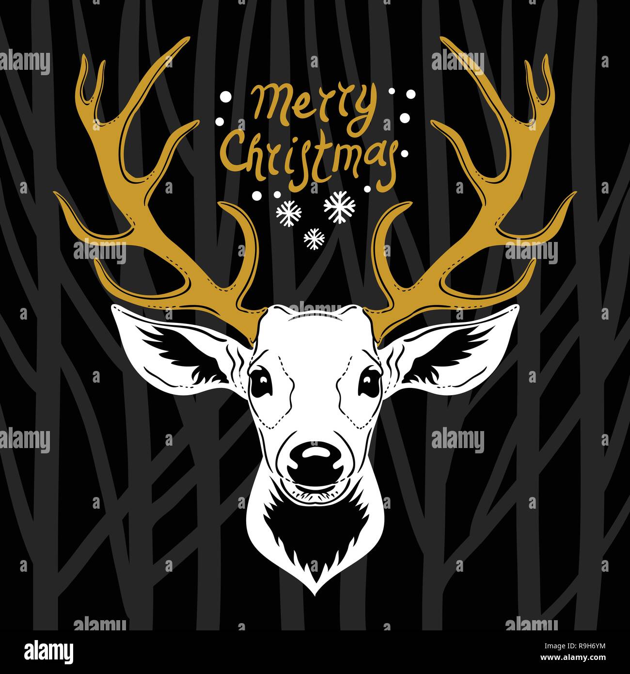 Testa di cervo. Vettore di bianco silhouette di cervi la testa con golden palchi isolati su sfondo nero Illustrazione Vettoriale