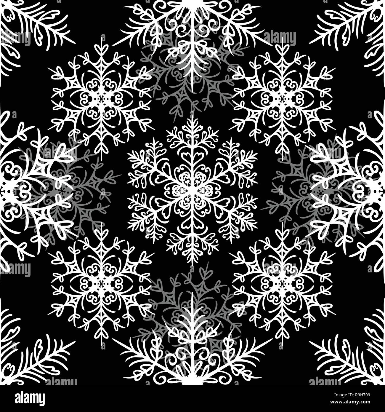 Semplice configurazione senza soluzione di continuità con i fiocchi di neve su sfondo nero Illustrazione Vettoriale